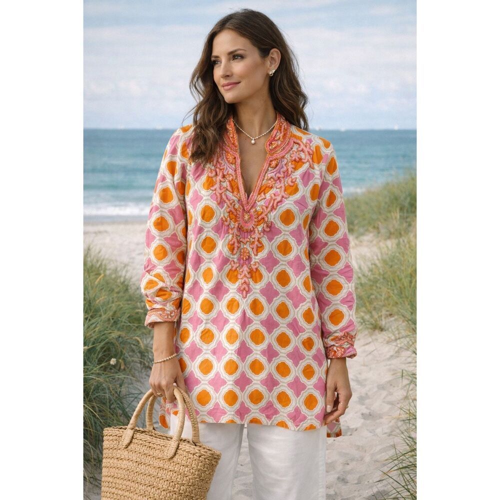 BARBARA GERWIT Beaded Tunic Top Lightweight Beach Pink Orange coastal resort, Sm